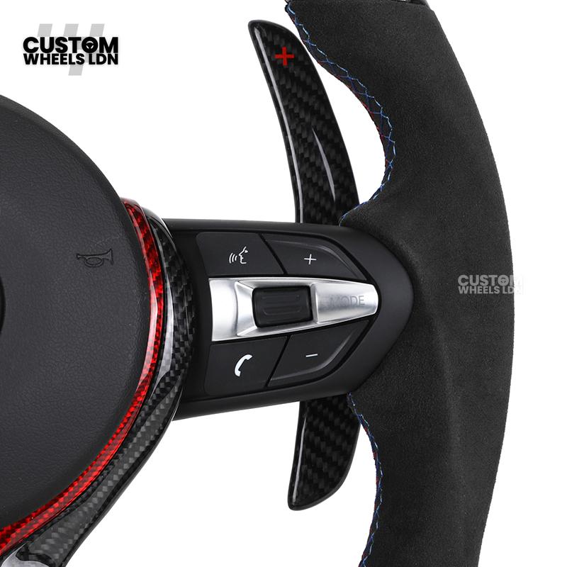 BMW Custom LED Steering Wheel – Carbon Fibre with Red Trim, Alcantara, Flat Bottom | Fits 1/2/3/4 Series, X1, X2 + more | Fits older models