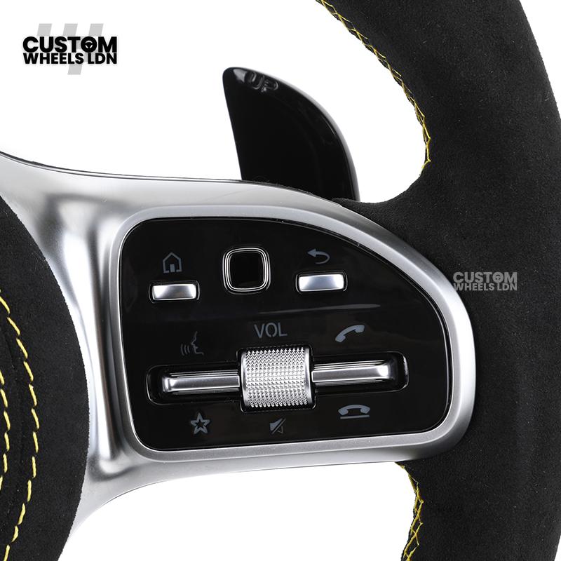Mercedes Custom AMG Flat Bottom Steering Wheel – Alcantara & Carbon Fibre, Yellow Stitching, LED Display, Silver Trim, Touch Control Buttons, AMG Badge | Fits C-Class, E-Class, CLS, GLC, GLE, G-Class + more | Plug & Play | Retrofit Upgrade for Older Model