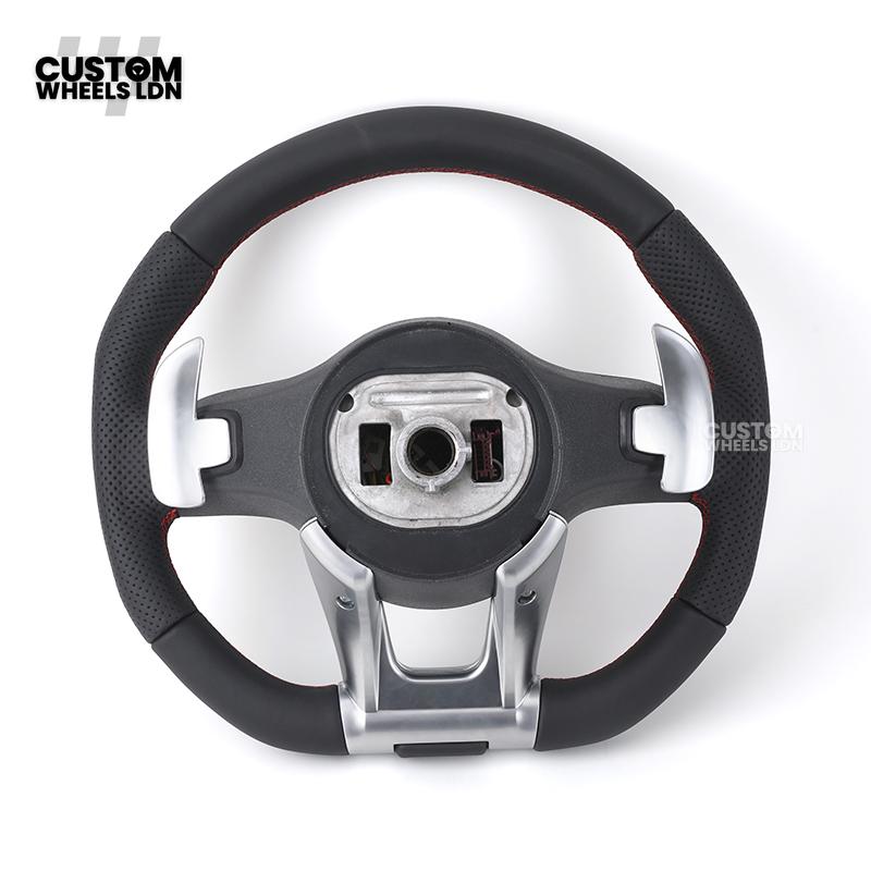 Mercedes Custom AMG Flat Bottom LED Steering Wheel – Black Leather, Perforated Sides, Red Stitching, Classic Buttons & Silver Paddles | AMG Trim | Fits W205, W213, GLC, GLE, CLS + more | Plug & Play | With Airbag | Retrofit possible for Older Models