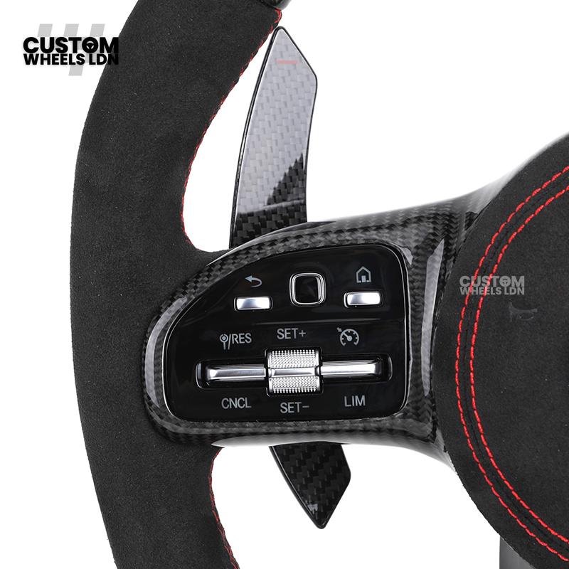 Mercedes Custom AMG Flat Bottom Steering Wheel – Alcantara & Carbon Fibre, Red Stitching, LED Display, Black Trim, Touch Buttons, AMG Badge | Fits C-Class, E-Class, CLS, GLC, GLE, G-Class + more | Plug & Play | Retrofit Upgrade for Older Model available