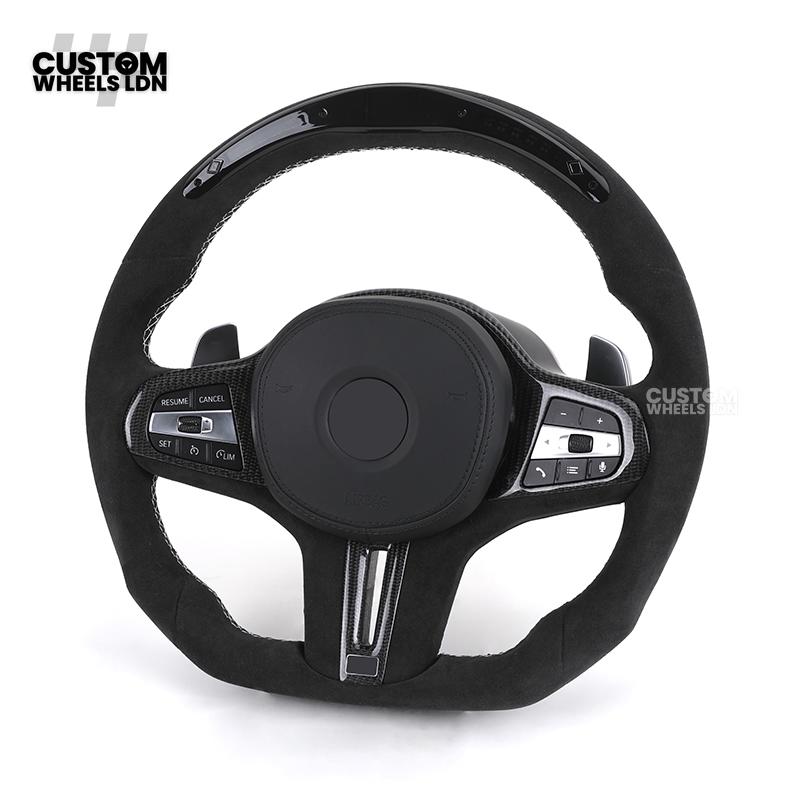 BMW Custom LED Alcantara Flat Bottom Steering Wheel – Carbon Trim – Fits F20 F22 F30 F32 F36 F80 F82 F87 F10 F12 F13 + more