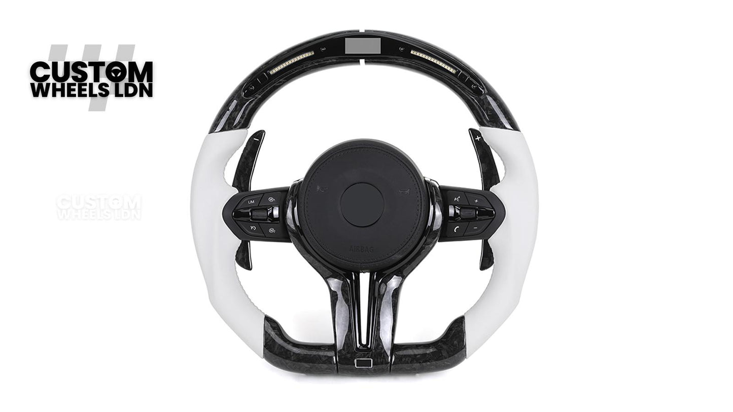 BMW Forged Carbon & White LED Steering Wheel | Paddle Shifters | M Badge | Flat Bottom | Plug & Play | Fits 1 2 3 4 5 Series (F & E Series) + more | Complete Wheel