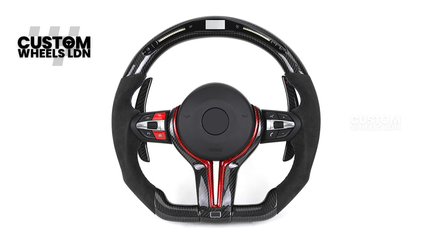 BMW Custom LED Steering Wheel – Carbon Fibre with Red Trim, Alcantara, Flat Bottom | Fits 1/2/3/4 Series, X1, X2 + more | Fits older models