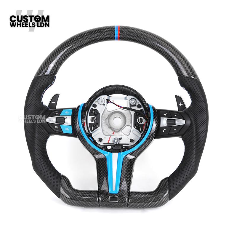 BMW Custom Carbon Fibre Steering Wheel – Blue Trim | Perforated Leather | M-Stripe Marker | Plug & Play | Fits 1 Series F20, 2 Series F22, 3 Series F30, 4 Series F32, M2, M3, M4 + more