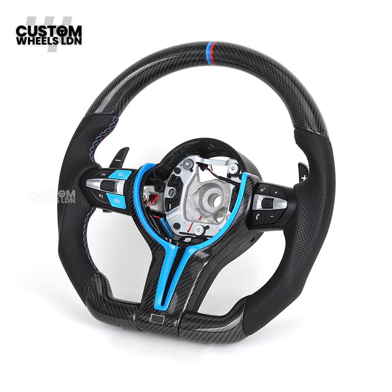 BMW Custom Carbon Fibre Steering Wheel – Blue Trim | Perforated Leather | M-Stripe Marker | Plug & Play | Fits 1 Series F20, 2 Series F22, 3 Series F30, 4 Series F32, M2, M3, M4 + more