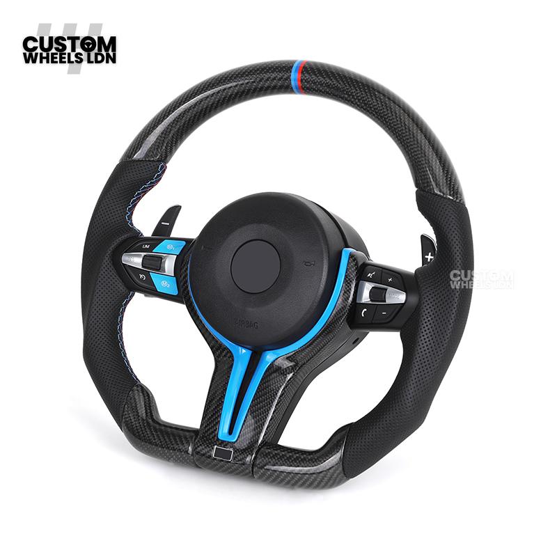 BMW Custom Carbon Fibre Steering Wheel – Blue Trim | Perforated Leather | M-Stripe Marker | Plug & Play | Fits 1 Series F20, 2 Series F22, 3 Series F30, 4 Series F32, M2, M3, M4 + more