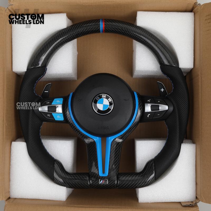 BMW Custom Carbon Fibre Steering Wheel – Blue Trim | Perforated Leather | M-Stripe Marker | Plug & Play | Fits 1 Series F20, 2 Series F22, 3 Series F30, 4 Series F32, M2, M3, M4 + more