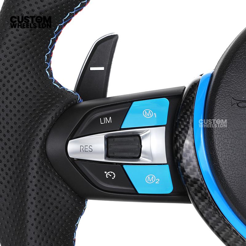 BMW Custom Carbon Fibre Steering Wheel – Blue Trim | Perforated Leather | M-Stripe Marker | Plug & Play | Fits 1 Series F20, 2 Series F22, 3 Series F30, 4 Series F32, M2, M3, M4 + more