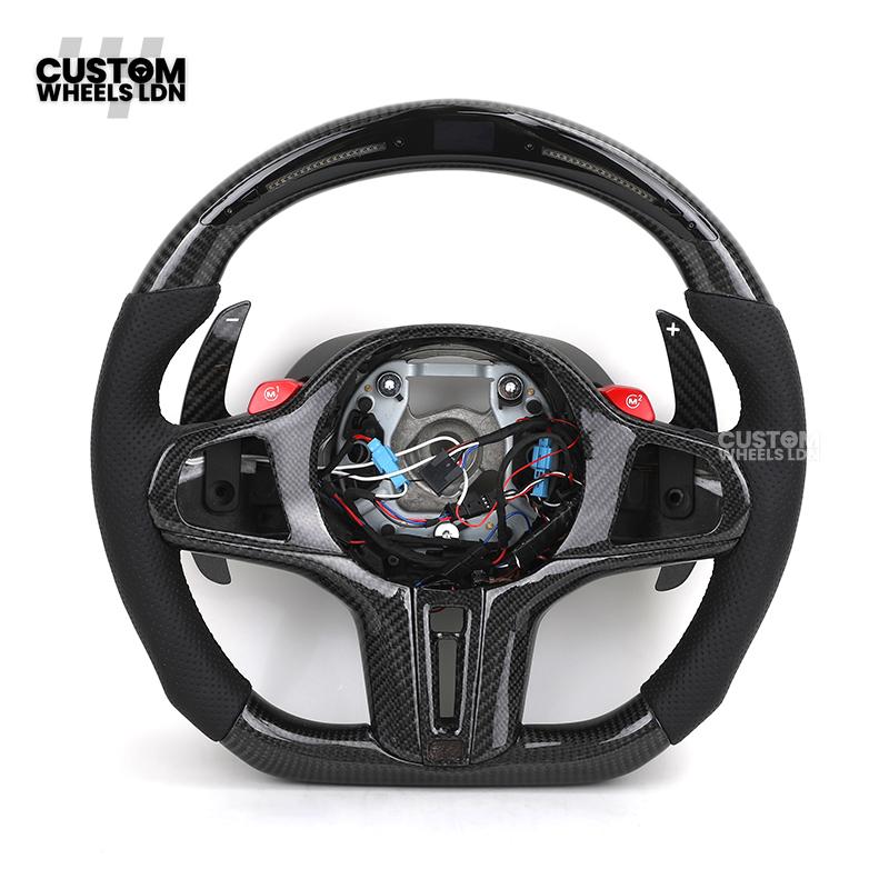 BMW Custom Carbon LED Heated Steering Wheel with Red M1/M2 Buttons – Flat Bottom – Fits F20 F22 F30 F32 F36 F80 F82 F87 F10 F12 F13 + more