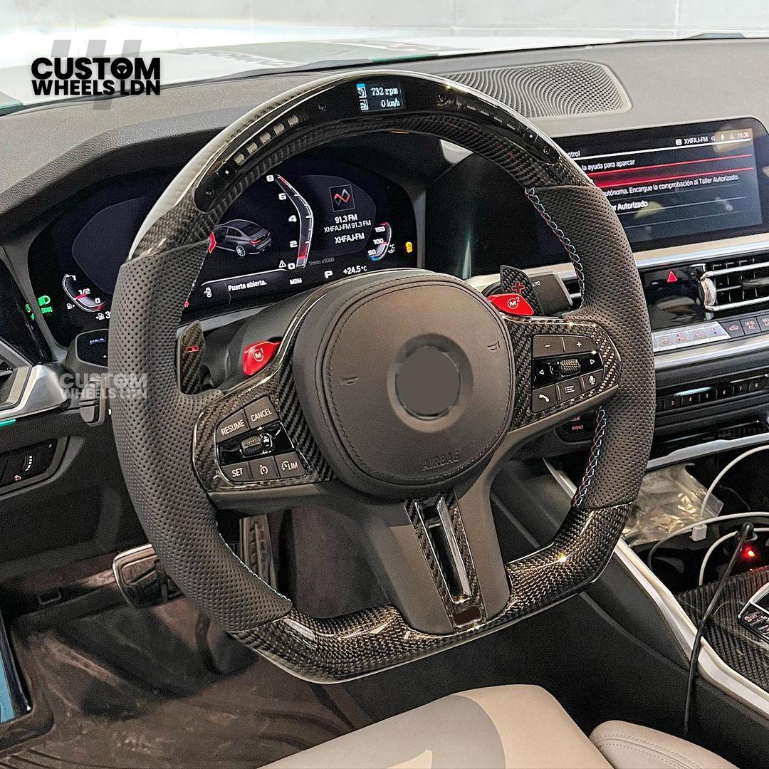 BMW Custom Carbon LED Heated Steering Wheel with Red M1/M2 Buttons – Flat Bottom – Fits F20 F22 F30 F32 F36 F80 F82 F87 F10 F12 F13 + more