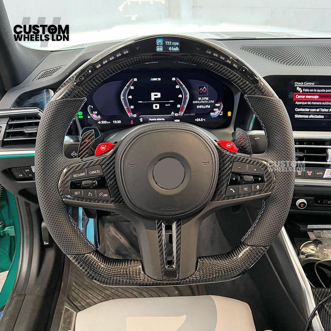 BMW Custom Carbon LED Heated Steering Wheel with Red M1/M2 Buttons – Flat Bottom – Fits F20 F22 F30 F32 F36 F80 F82 F87 F10 F12 F13 + more