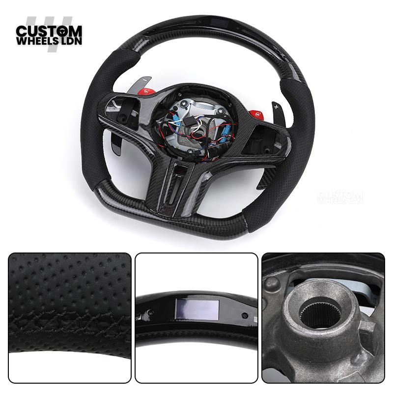 BMW Custom Carbon LED Heated Steering Wheel with Red M1/M2 Buttons – Flat Bottom – Fits F20 F22 F30 F32 F36 F80 F82 F87 F10 F12 F13 + more