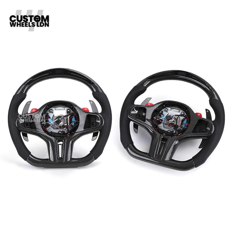 BMW Custom Carbon LED Heated Steering Wheel with Red M1/M2 Buttons – Flat Bottom – Fits F20 F22 F30 F32 F36 F80 F82 F87 F10 F12 F13 + more