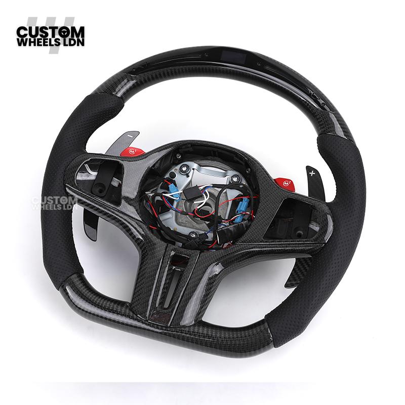 BMW Custom Carbon LED Heated Steering Wheel with Red M1/M2 Buttons – Flat Bottom – Fits F20 F22 F30 F32 F36 F80 F82 F87 F10 F12 F13 + more