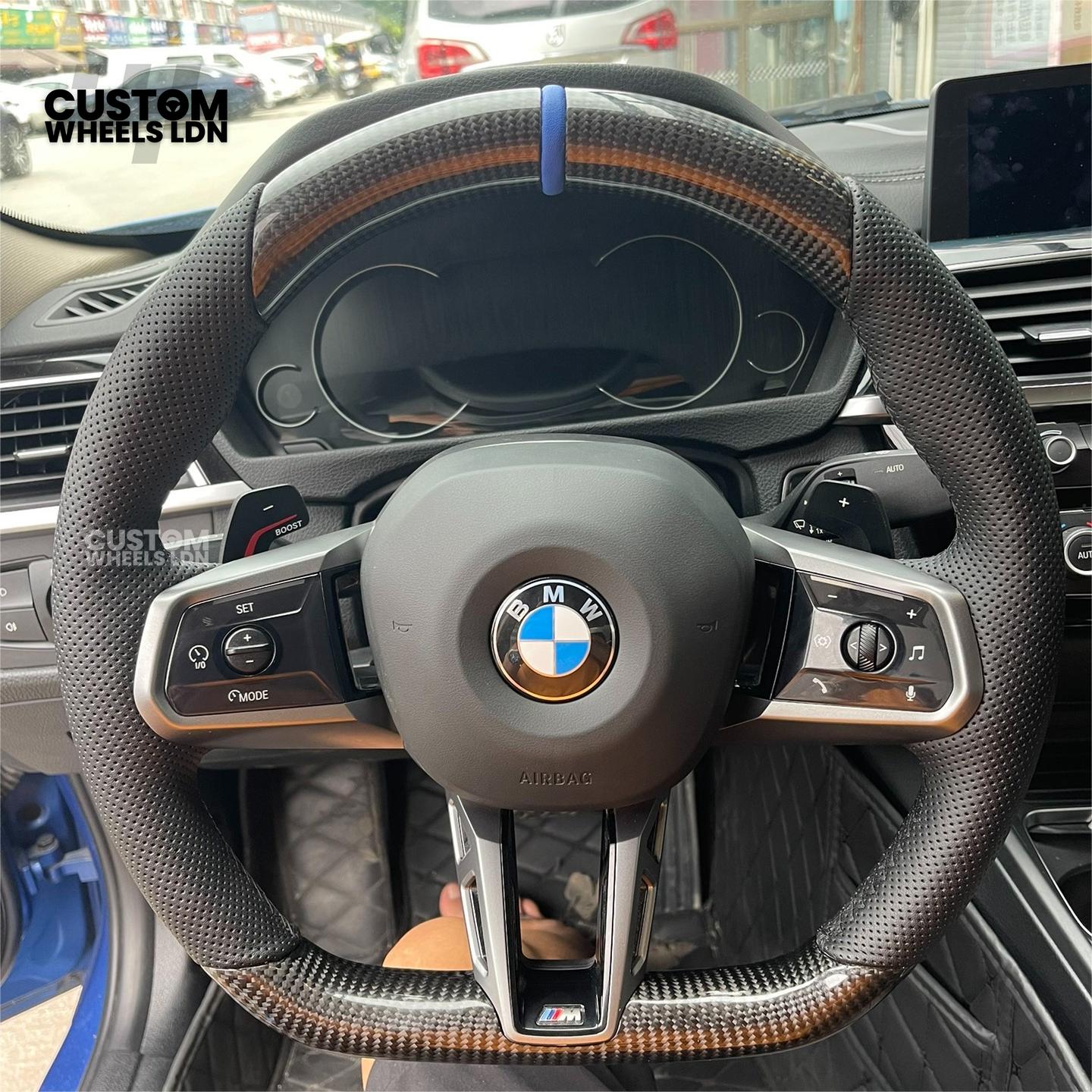 BMW Custom i5 G60 Flat Bottom Steering Wheel – Carbon Fiber, BMW M Stripe, Silver Trim, Perforated Leather Grips | Fits G20 3 Series, G22 4 Series, G30 5 Series + more | Plug & Play | Retrofit Upgrade for Older Models