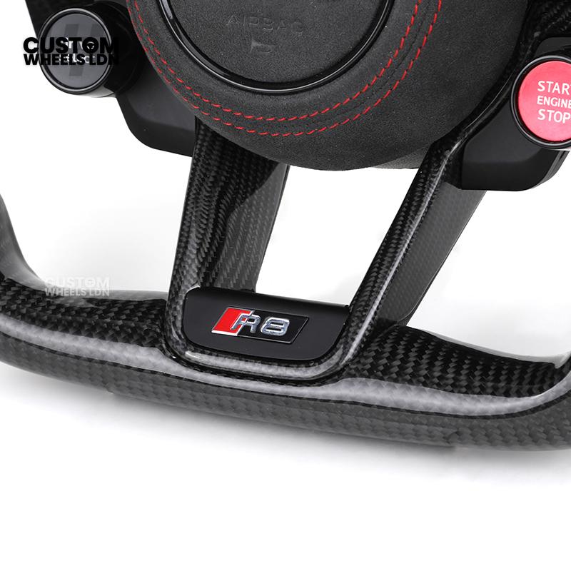 Audi Custom R8-Style Flat Bottom Steering Wheel – Alcantara Grip, Carbon Top & Bottom, Red Stitching, Carbon Paddles, Start Button | Fits A4, A5, S5, A6, A7, S6, S7, Q5, SQ5 + more | Plug & Play | With Airbag | Upgrade for Older Models Available