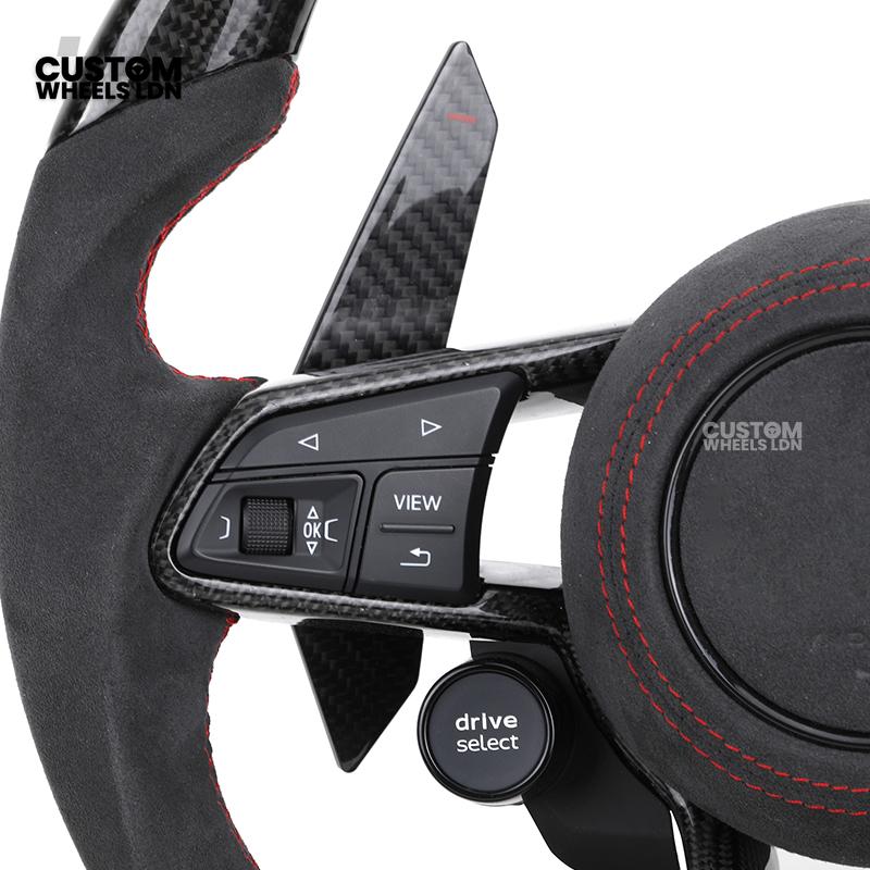 Audi Custom R8-Style Flat Bottom Steering Wheel – Alcantara Grip, Carbon Top & Bottom, Red Stitching, Carbon Paddles, Start Button | Fits A4, A5, S5, A6, A7, S6, S7, Q5, SQ5 + more | Plug & Play | With Airbag | Upgrade for Older Models Available