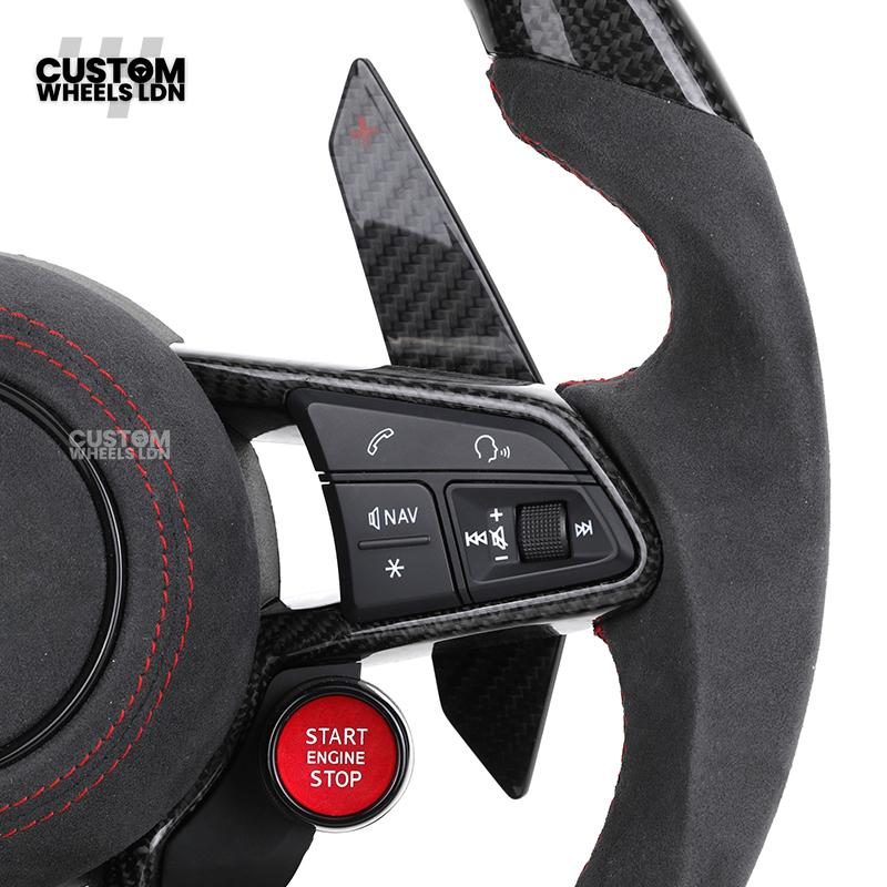 Audi Custom R8-Style Flat Bottom Steering Wheel – Alcantara Grip, Carbon Top & Bottom, Red Stitching, Carbon Paddles, Start Button | Fits A4, A5, S5, A6, A7, S6, S7, Q5, SQ5 + more | Plug & Play | With Airbag | Upgrade for Older Models Available