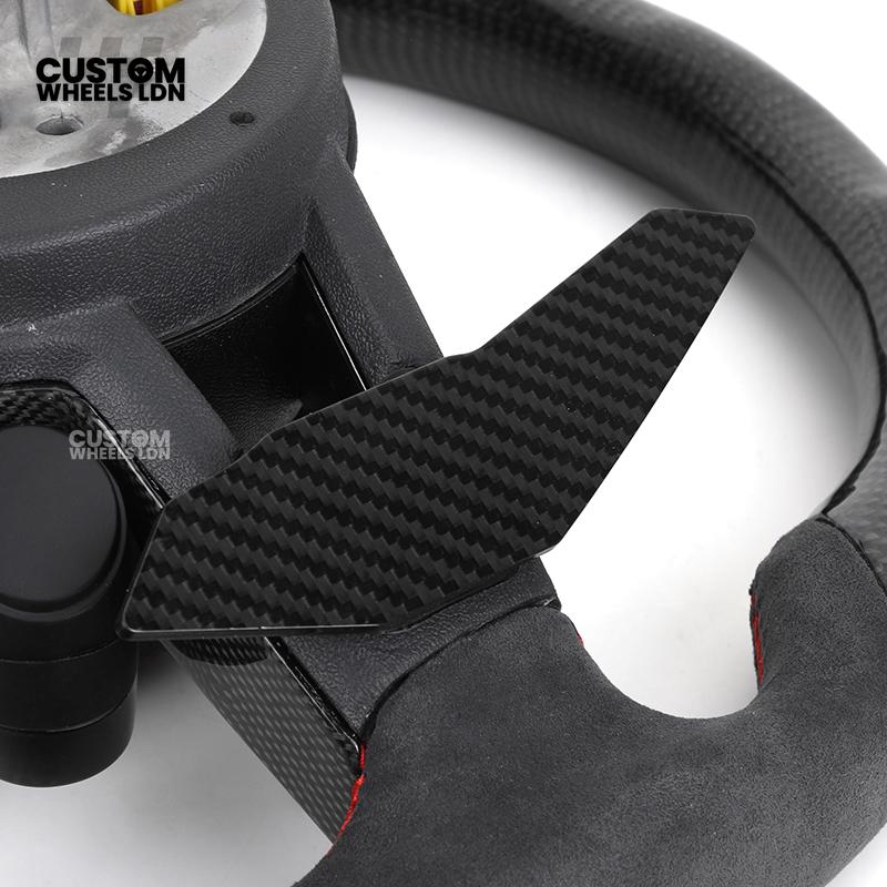 Audi Custom R8-Style Flat Bottom Steering Wheel – Alcantara Grip, Carbon Top & Bottom, Red Stitching, Carbon Paddles, Start Button | Fits A4, A5, S5, A6, A7, S6, S7, Q5, SQ5 + more | Plug & Play | With Airbag | Upgrade for Older Models Available