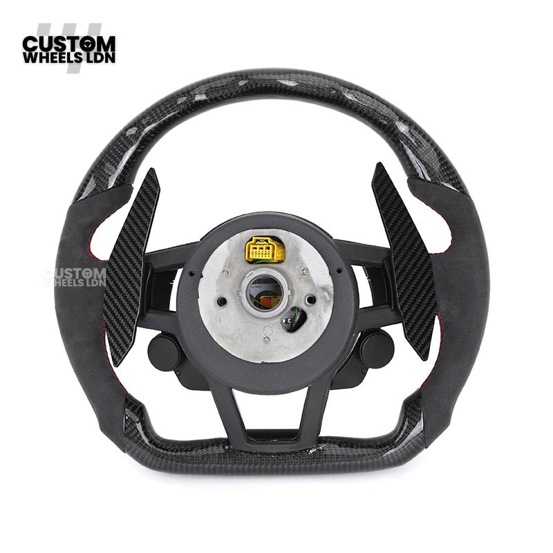Audi Custom R8-Style Flat Bottom Steering Wheel – Alcantara Grip, Carbon Top & Bottom, Red Stitching, Carbon Paddles, Start Button | Fits A4, A5, S5, A6, A7, S6, S7, Q5, SQ5 + more | Plug & Play | With Airbag | Upgrade for Older Models Available