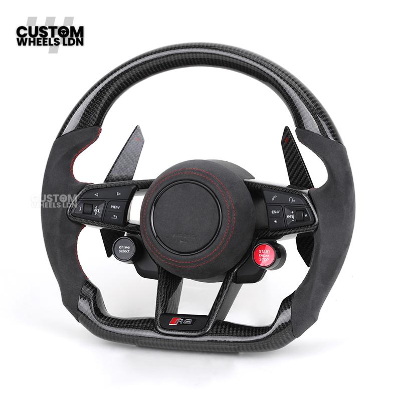 Audi Custom R8-Style Flat Bottom Steering Wheel – Alcantara Grip, Carbon Top & Bottom, Red Stitching, Carbon Paddles, Start Button | Fits A4, A5, S5, A6, A7, S6, S7, Q5, SQ5 + more | Plug & Play | With Airbag | Upgrade for Older Models Available