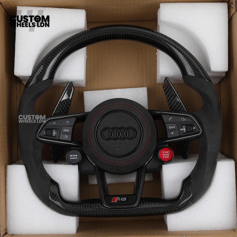 Audi Custom R8-Style Flat Bottom Steering Wheel – Alcantara Grip, Carbon Top & Bottom, Red Stitching, Carbon Paddles, Start Button | Fits A4, A5, S5, A6, A7, S6, S7, Q5, SQ5 + more | Plug & Play | With Airbag | Upgrade for Older Models Available