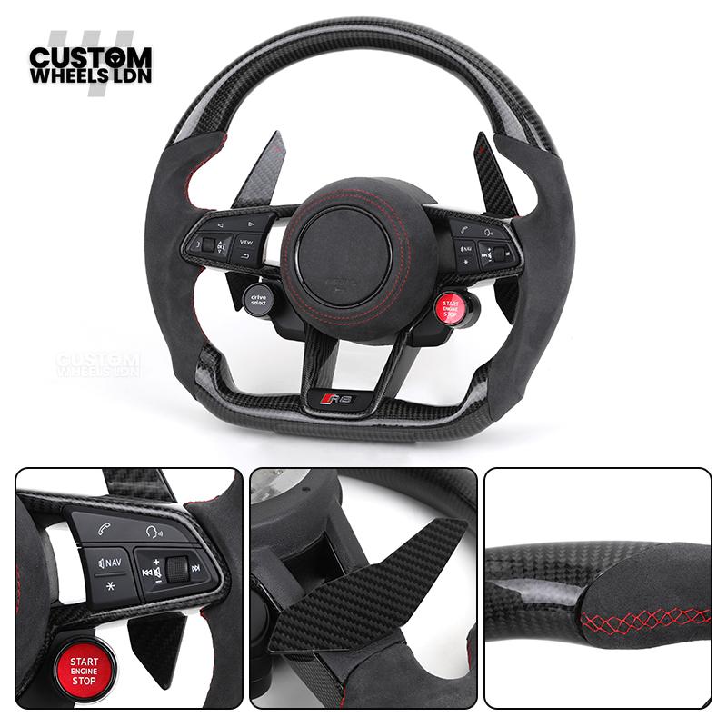 Audi Custom R8-Style Flat Bottom Steering Wheel – Alcantara Grip, Carbon Top & Bottom, Red Stitching, Carbon Paddles, Start Button | Fits A4, A5, S5, A6, A7, S6, S7, Q5, SQ5 + more | Plug & Play | With Airbag | Upgrade for Older Models Available