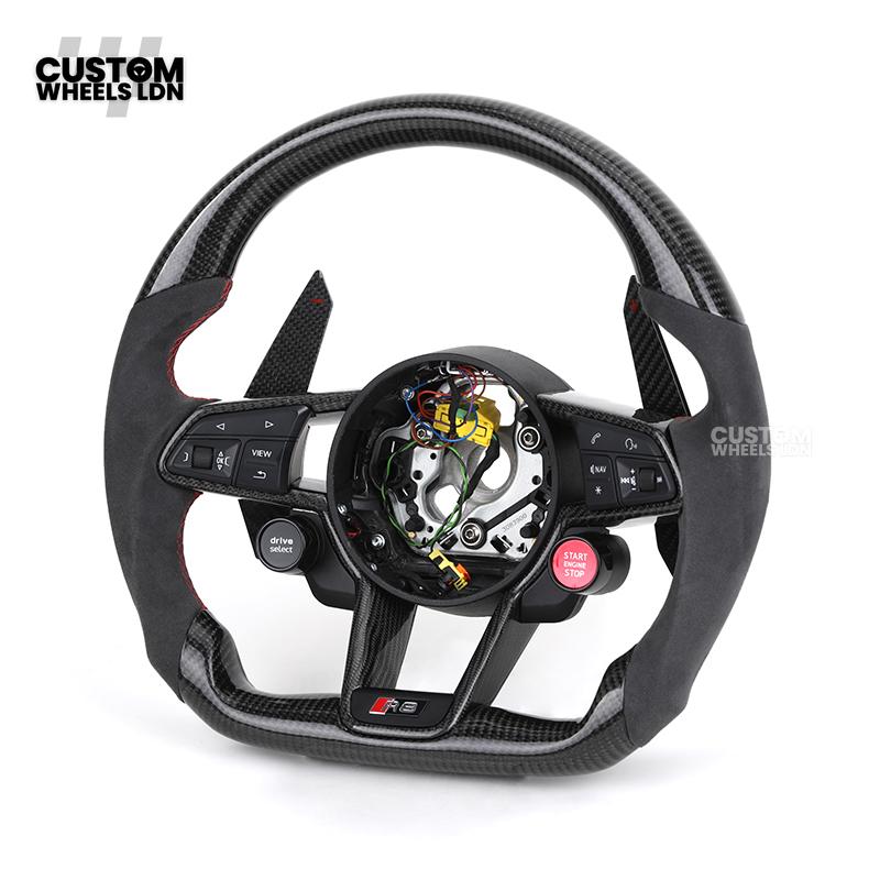 Audi Custom R8-Style Flat Bottom Steering Wheel – Alcantara Grip, Carbon Top & Bottom, Red Stitching, Carbon Paddles, Start Button | Fits A4, A5, S5, A6, A7, S6, S7, Q5, SQ5 + more | Plug & Play | With Airbag | Upgrade for Older Models Available