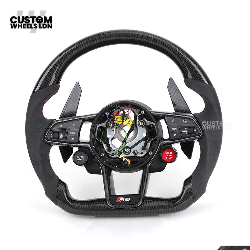 Audi Custom R8-Style Flat Bottom Steering Wheel – Alcantara Grip, Carbon Top & Bottom, Red Stitching, Carbon Paddles, Start Button | Fits A4, A5, S5, A6, A7, S6, S7, Q5, SQ5 + more | Plug & Play | With Airbag | Upgrade for Older Models Available