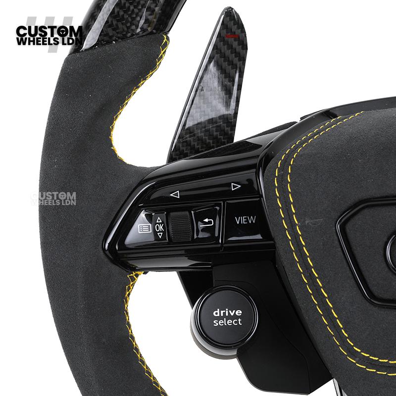 Audi Custom Q/RS Flat Bottom Steering Wheel – LED Rev Display, Alcantara Grip, Yellow Stitching, Carbon Paddles, Start Button | Fits Q3, Q5, SQ5, Q7, Q8, SQ8, RSQ8, A6, A7, S6, S7 + more | Plug & Play | With Airbag | Upgrade for Older Models Available