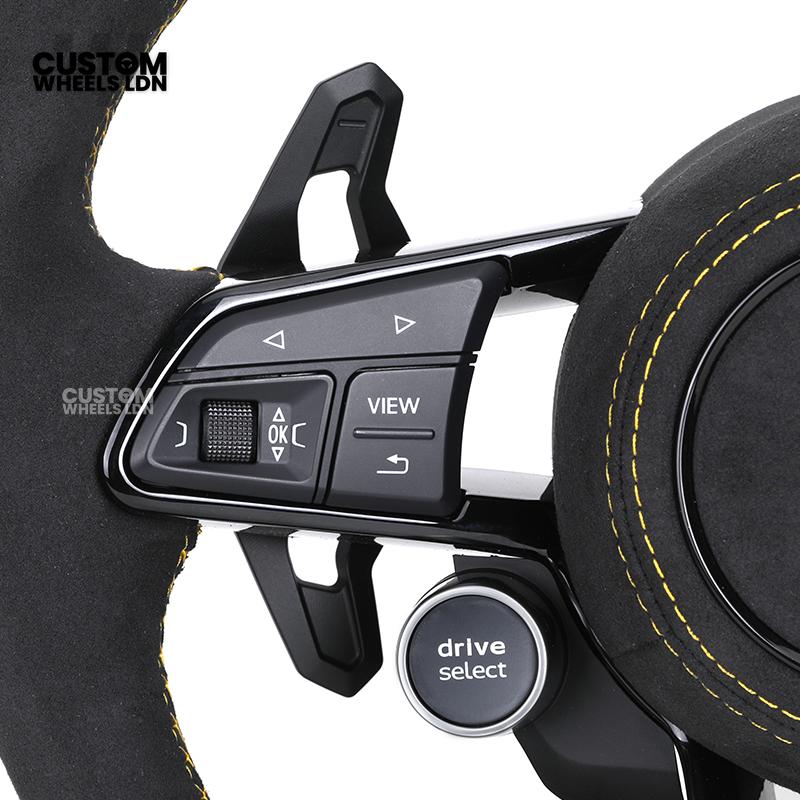 Audi Custom R8-Style Flat Bottom Steering Wheel – LED Rev Display, Alcantara Grip, Yellow Stitching, Black Paddles, Start Button | Fits A4, A5, S5, A6, A7, S6, S7, Q5, SQ5 + more | Plug & Play | With Airbag | Upgrade for Older Models Available