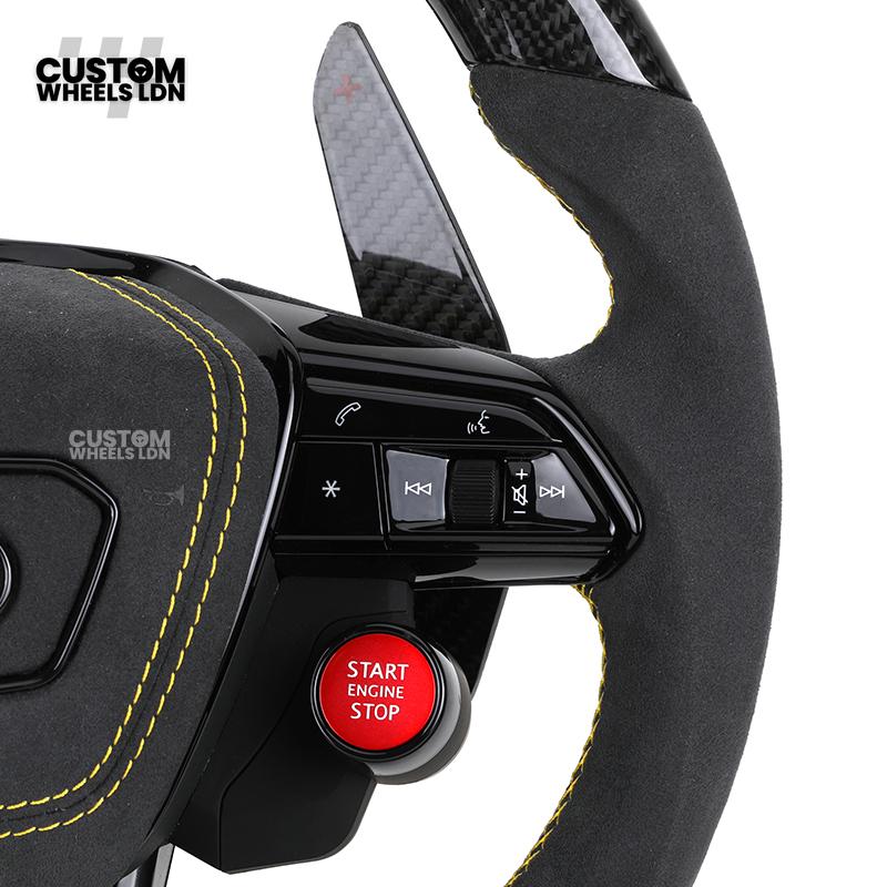 Audi Custom Q/RS Flat Bottom Steering Wheel – LED Rev Display, Alcantara Grip, Yellow Stitching, Carbon Paddles, Start Button | Fits Q3, Q5, SQ5, Q7, Q8, SQ8, RSQ8, A6, A7, S6, S7 + more | Plug & Play | With Airbag | Upgrade for Older Models Available