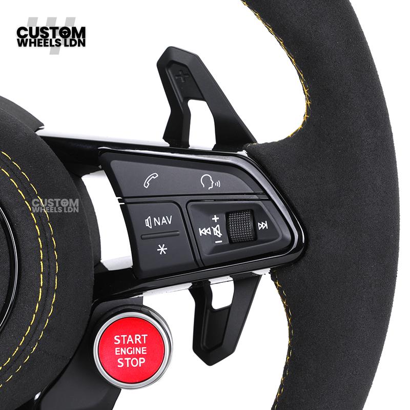 Audi Custom R8-Style Flat Bottom Steering Wheel – LED Rev Display, Alcantara Grip, Yellow Stitching, Black Paddles, Start Button | Fits A4, A5, S5, A6, A7, S6, S7, Q5, SQ5 + more | Plug & Play | With Airbag | Upgrade for Older Models Available