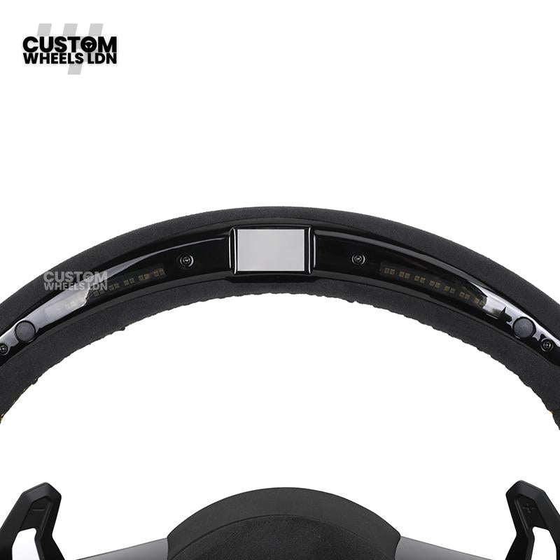 Audi Custom R8-Style Flat Bottom Steering Wheel – LED Rev Display, Alcantara Grip, Yellow Stitching, Black Paddles, Start Button | Fits A4, A5, S5, A6, A7, S6, S7, Q5, SQ5 + more | Plug & Play | With Airbag | Upgrade for Older Models Available