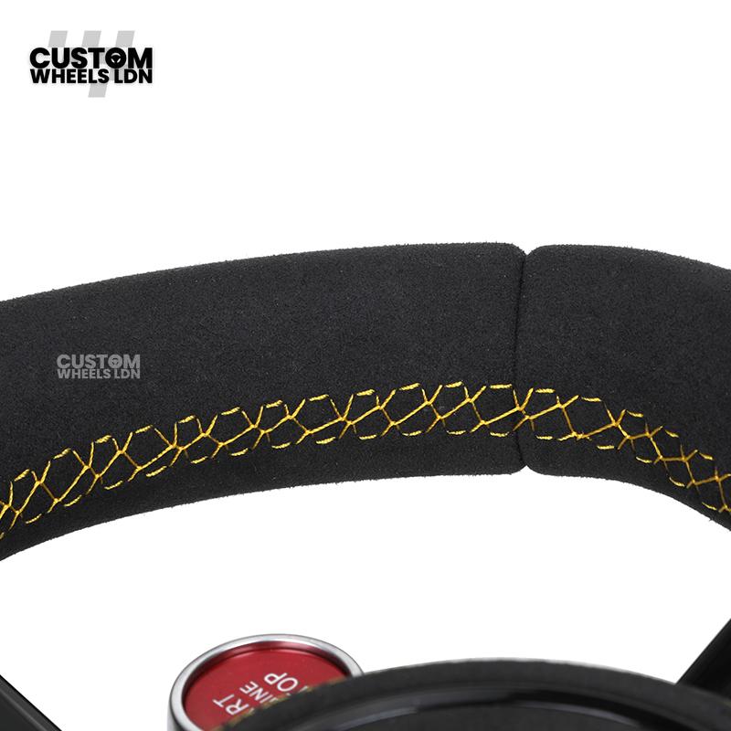 Audi Custom R8-Style Flat Bottom Steering Wheel – LED Rev Display, Alcantara Grip, Yellow Stitching, Black Paddles, Start Button | Fits A4, A5, S5, A6, A7, S6, S7, Q5, SQ5 + more | Plug & Play | With Airbag | Upgrade for Older Models Available