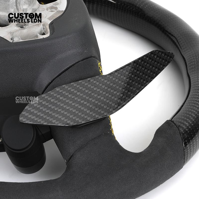 Audi Custom Q/RS Flat Bottom Steering Wheel – LED Rev Display, Alcantara Grip, Yellow Stitching, Carbon Paddles, Start Button | Fits Q3, Q5, SQ5, Q7, Q8, SQ8, RSQ8, A6, A7, S6, S7 + more | Plug & Play | With Airbag | Upgrade for Older Models Available