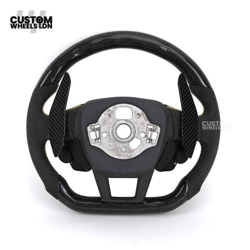 Audi Custom Q/RS Flat Bottom Steering Wheel – LED Rev Display, Alcantara Grip, Yellow Stitching, Carbon Paddles, Start Button | Fits Q3, Q5, SQ5, Q7, Q8, SQ8, RSQ8, A6, A7, S6, S7 + more | Plug & Play | With Airbag | Upgrade for Older Models Available