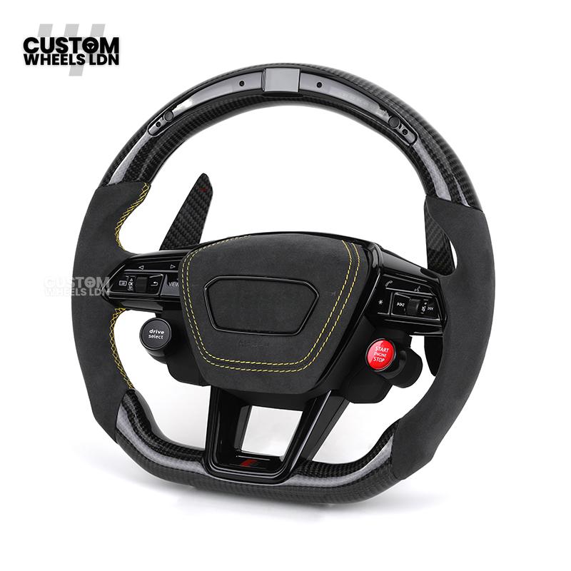 Audi Custom Q/RS Flat Bottom Steering Wheel – LED Rev Display, Alcantara Grip, Yellow Stitching, Carbon Paddles, Start Button | Fits Q3, Q5, SQ5, Q7, Q8, SQ8, RSQ8, A6, A7, S6, S7 + more | Plug & Play | With Airbag | Upgrade for Older Models Available