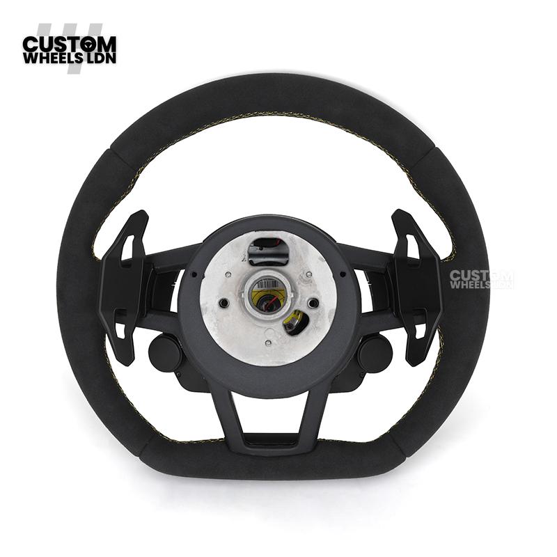 Audi Custom R8-Style Flat Bottom Steering Wheel – LED Rev Display, Alcantara Grip, Yellow Stitching, Black Paddles, Start Button | Fits A4, A5, S5, A6, A7, S6, S7, Q5, SQ5 + more | Plug & Play | With Airbag | Upgrade for Older Models Available