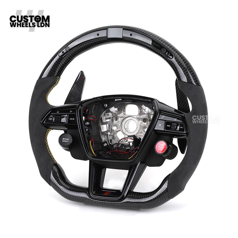 Audi Custom Q/RS Flat Bottom Steering Wheel – LED Rev Display, Alcantara Grip, Yellow Stitching, Carbon Paddles, Start Button | Fits Q3, Q5, SQ5, Q7, Q8, SQ8, RSQ8, A6, A7, S6, S7 + more | Plug & Play | With Airbag | Upgrade for Older Models Available