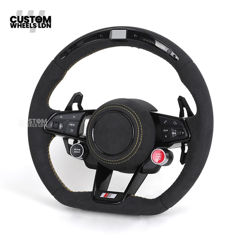 Audi Custom R8-Style Flat Bottom Steering Wheel – LED Rev Display, Alcantara Grip, Yellow Stitching, Black Paddles, Start Button | Fits A4, A5, S5, A6, A7, S6, S7, Q5, SQ5 + more | Plug & Play | With Airbag | Upgrade for Older Models Available