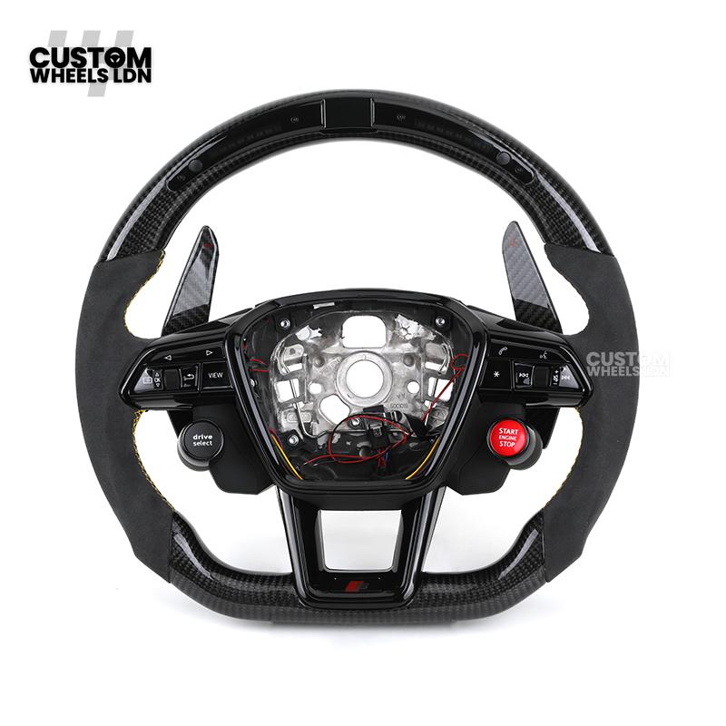 Audi Custom Q/RS Flat Bottom Steering Wheel – LED Rev Display, Alcantara Grip, Yellow Stitching, Carbon Paddles, Start Button | Fits Q3, Q5, SQ5, Q7, Q8, SQ8, RSQ8, A6, A7, S6, S7 + more | Plug & Play | With Airbag | Upgrade for Older Models Available