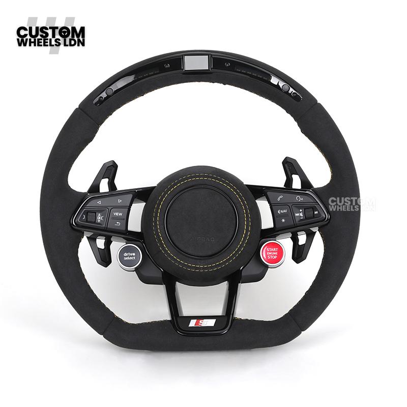 Audi Custom R8-Style Flat Bottom Steering Wheel – LED Rev Display, Alcantara Grip, Yellow Stitching, Black Paddles, Start Button | Fits A4, A5, S5, A6, A7, S6, S7, Q5, SQ5 + more | Plug & Play | With Airbag | Upgrade for Older Models Available