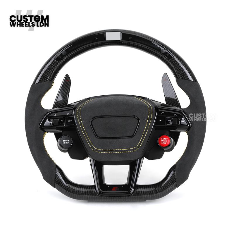 Audi Custom Q/RS Flat Bottom Steering Wheel – LED Rev Display, Alcantara Grip, Yellow Stitching, Carbon Paddles, Start Button | Fits Q3, Q5, SQ5, Q7, Q8, SQ8, RSQ8, A6, A7, S6, S7 + more | Plug & Play | With Airbag | Upgrade for Older Models Available