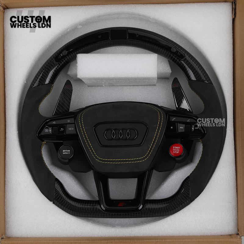 Audi Custom Q/RS Flat Bottom Steering Wheel – LED Rev Display, Alcantara Grip, Yellow Stitching, Carbon Paddles, Start Button | Fits Q3, Q5, SQ5, Q7, Q8, SQ8, RSQ8, A6, A7, S6, S7 + more | Plug & Play | With Airbag | Upgrade for Older Models Available