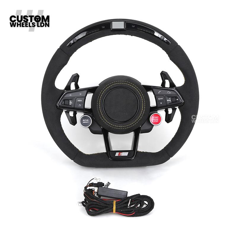 Audi Custom R8-Style Flat Bottom Steering Wheel – LED Rev Display, Alcantara Grip, Yellow Stitching, Black Paddles, Start Button | Fits A4, A5, S5, A6, A7, S6, S7, Q5, SQ5 + more | Plug & Play | With Airbag | Upgrade for Older Models Available