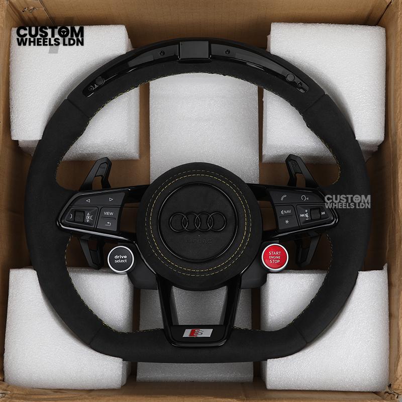Audi Custom R8-Style Flat Bottom Steering Wheel – LED Rev Display, Alcantara Grip, Yellow Stitching, Black Paddles, Start Button | Fits A4, A5, S5, A6, A7, S6, S7, Q5, SQ5 + more | Plug & Play | With Airbag | Upgrade for Older Models Available