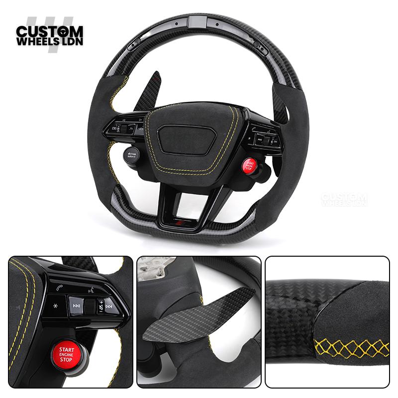 Audi Custom Q/RS Flat Bottom Steering Wheel – LED Rev Display, Alcantara Grip, Yellow Stitching, Carbon Paddles, Start Button | Fits Q3, Q5, SQ5, Q7, Q8, SQ8, RSQ8, A6, A7, S6, S7 + more | Plug & Play | With Airbag | Upgrade for Older Models Available