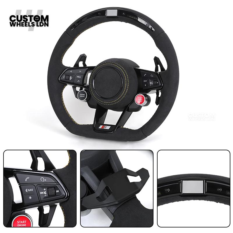 Audi Custom R8-Style Flat Bottom Steering Wheel – LED Rev Display, Alcantara Grip, Yellow Stitching, Black Paddles, Start Button | Fits A4, A5, S5, A6, A7, S6, S7, Q5, SQ5 + more | Plug & Play | With Airbag | Upgrade for Older Models Available