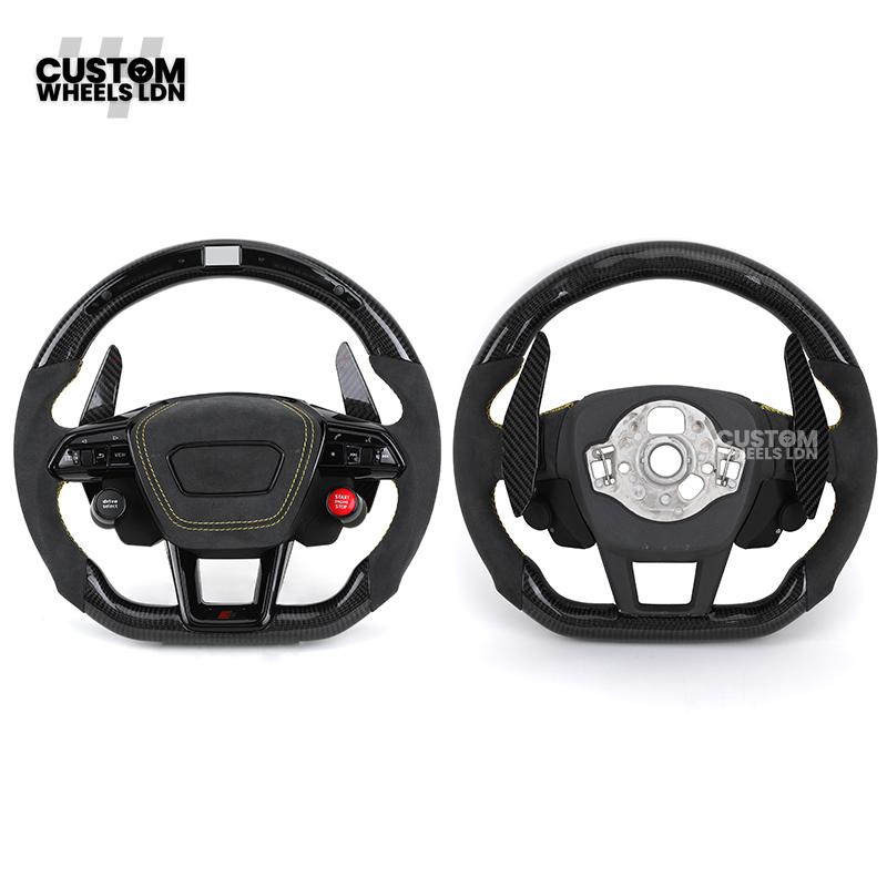 Audi Custom Q/RS Flat Bottom Steering Wheel – LED Rev Display, Alcantara Grip, Yellow Stitching, Carbon Paddles, Start Button | Fits Q3, Q5, SQ5, Q7, Q8, SQ8, RSQ8, A6, A7, S6, S7 + more | Plug & Play | With Airbag | Upgrade for Older Models Available